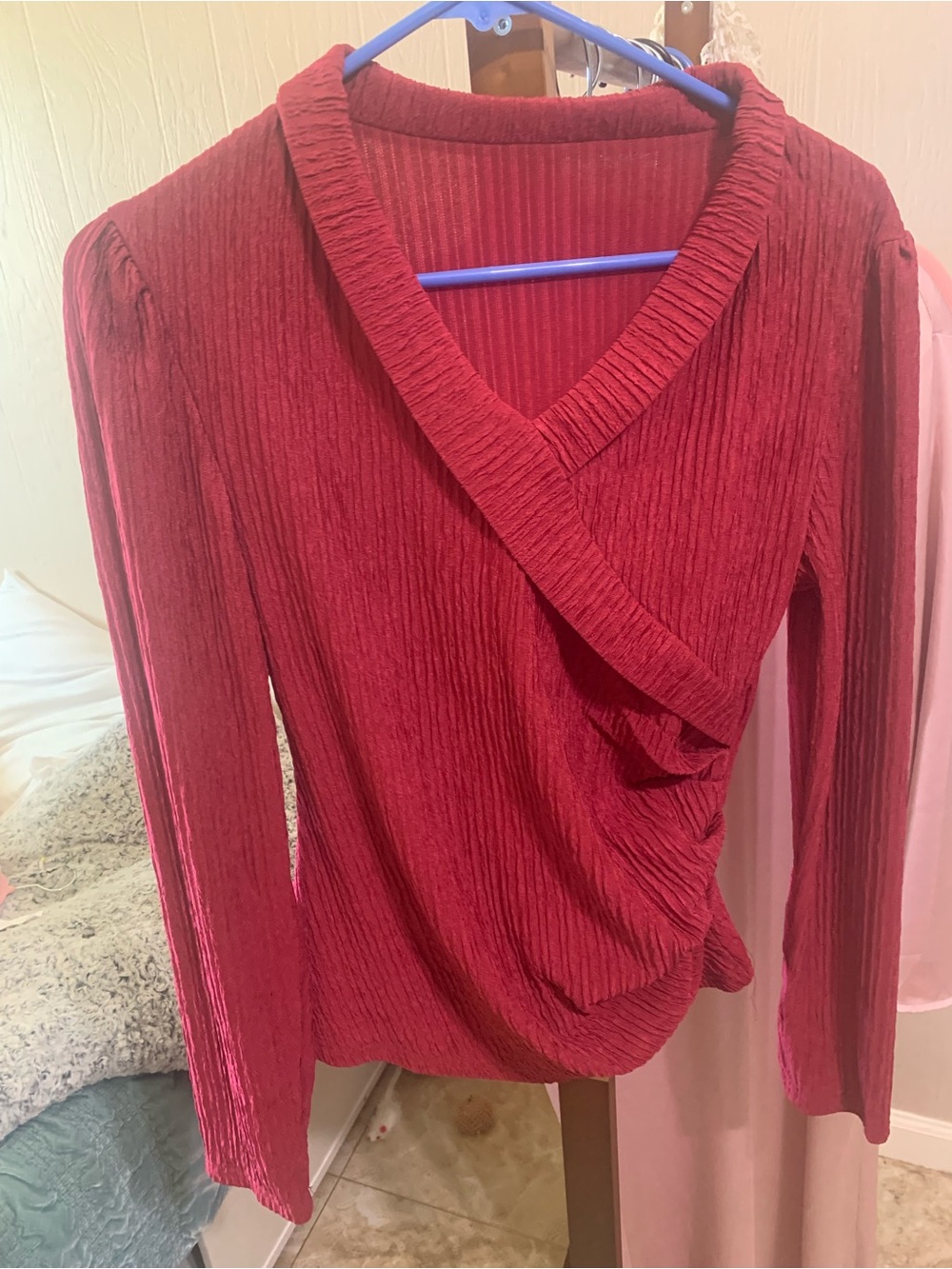 Women's Red Pleated Wrap-Style Blouse